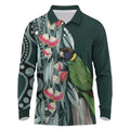 Australian Ringneck Parrot Long Sleeve Polo Shirt Barnardius Zonarius Eucalyptus Flowers Aboriginal Art