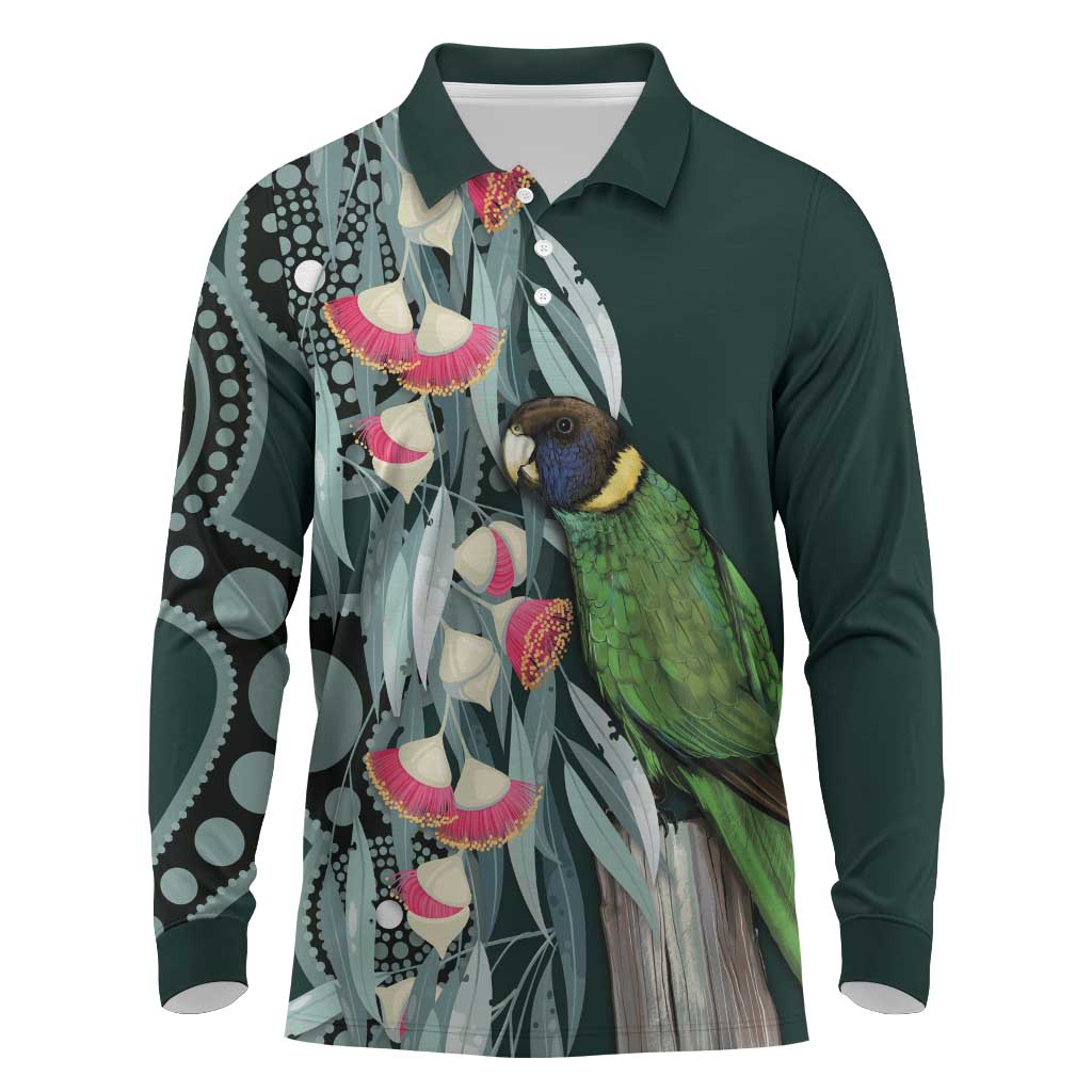 Australian Ringneck Parrot Long Sleeve Polo Shirt Barnardius Zonarius Eucalyptus Flowers Aboriginal Art