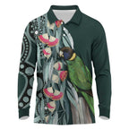 Australian Ringneck Parrot Long Sleeve Polo Shirt Barnardius Zonarius Eucalyptus Flowers Aboriginal Art