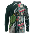 Australian Ringneck Parrot Long Sleeve Polo Shirt Barnardius Zonarius Eucalyptus Flowers Aboriginal Art