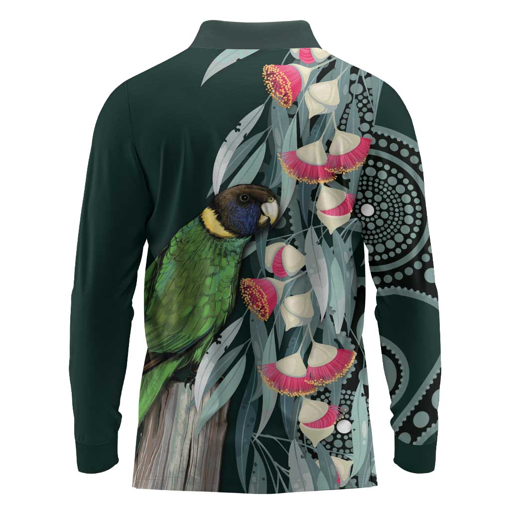 Australian Ringneck Parrot Long Sleeve Polo Shirt Barnardius Zonarius Eucalyptus Flowers Aboriginal Art