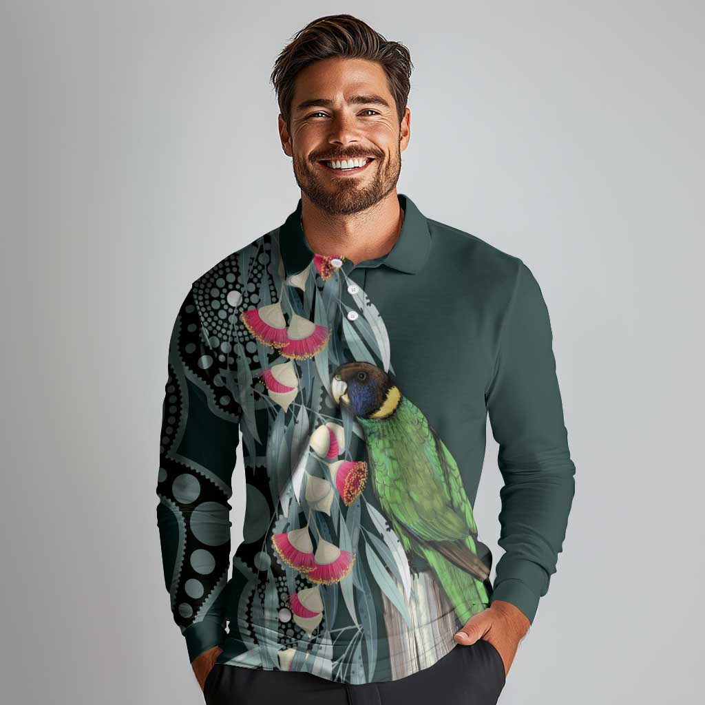 Australian Ringneck Parrot Long Sleeve Polo Shirt Barnardius Zonarius Eucalyptus Flowers Aboriginal Art