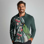 Australian Ringneck Parrot Long Sleeve Polo Shirt Barnardius Zonarius Eucalyptus Flowers Aboriginal Art