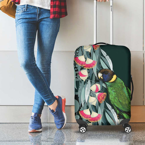 Australian Ringneck Parrot Luggage Cover Barnardius Zonarius Eucalyptus Flowers Aboriginal Art
