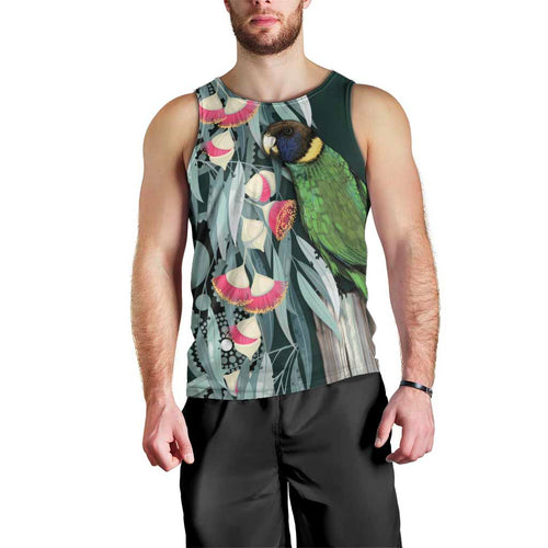 Australian Ringneck Parrot Men Tank Top Barnardius Zonarius Eucalyptus Flowers Aboriginal Art