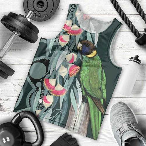Australian Ringneck Parrot Men Tank Top Barnardius Zonarius Eucalyptus Flowers Aboriginal Art