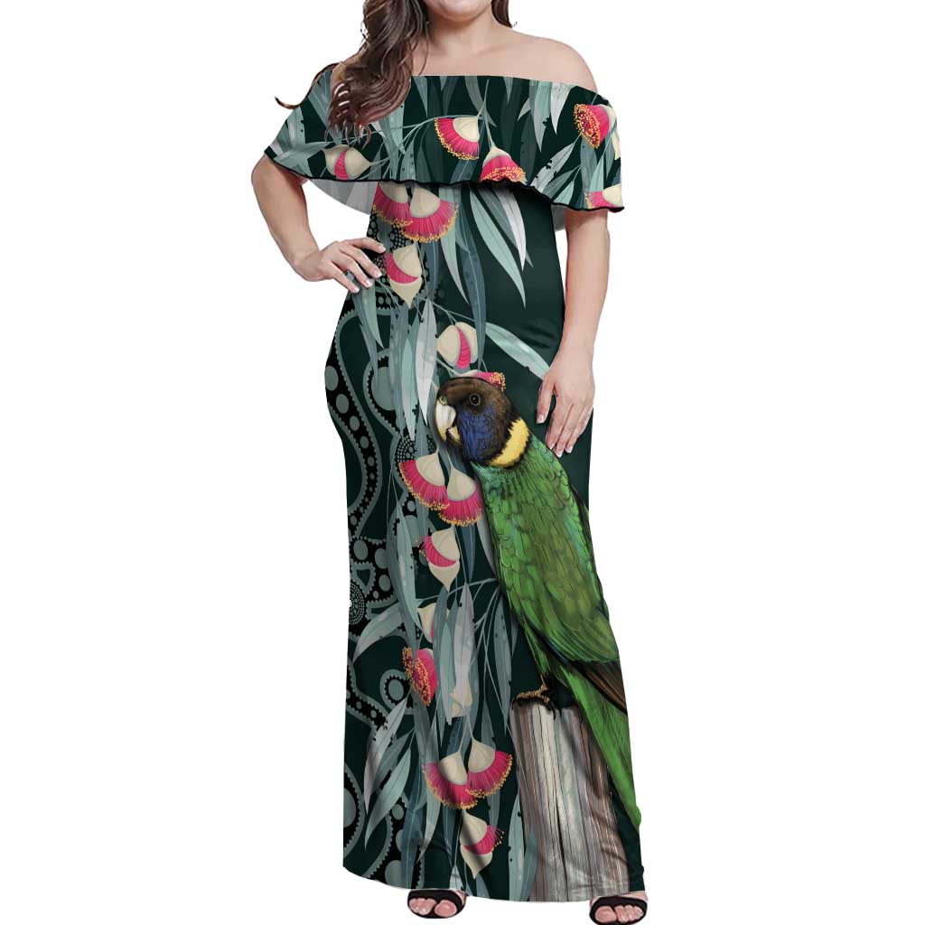 Australian Ringneck Parrot Off Shoulder Maxi Dress Barnardius Zonarius Eucalyptus Flowers Aboriginal Art