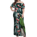 Australian Ringneck Parrot Off Shoulder Maxi Dress Barnardius Zonarius Eucalyptus Flowers Aboriginal Art