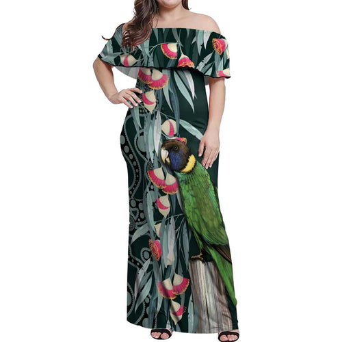 Australian Ringneck Parrot Off Shoulder Maxi Dress Barnardius Zonarius Eucalyptus Flowers Aboriginal Art