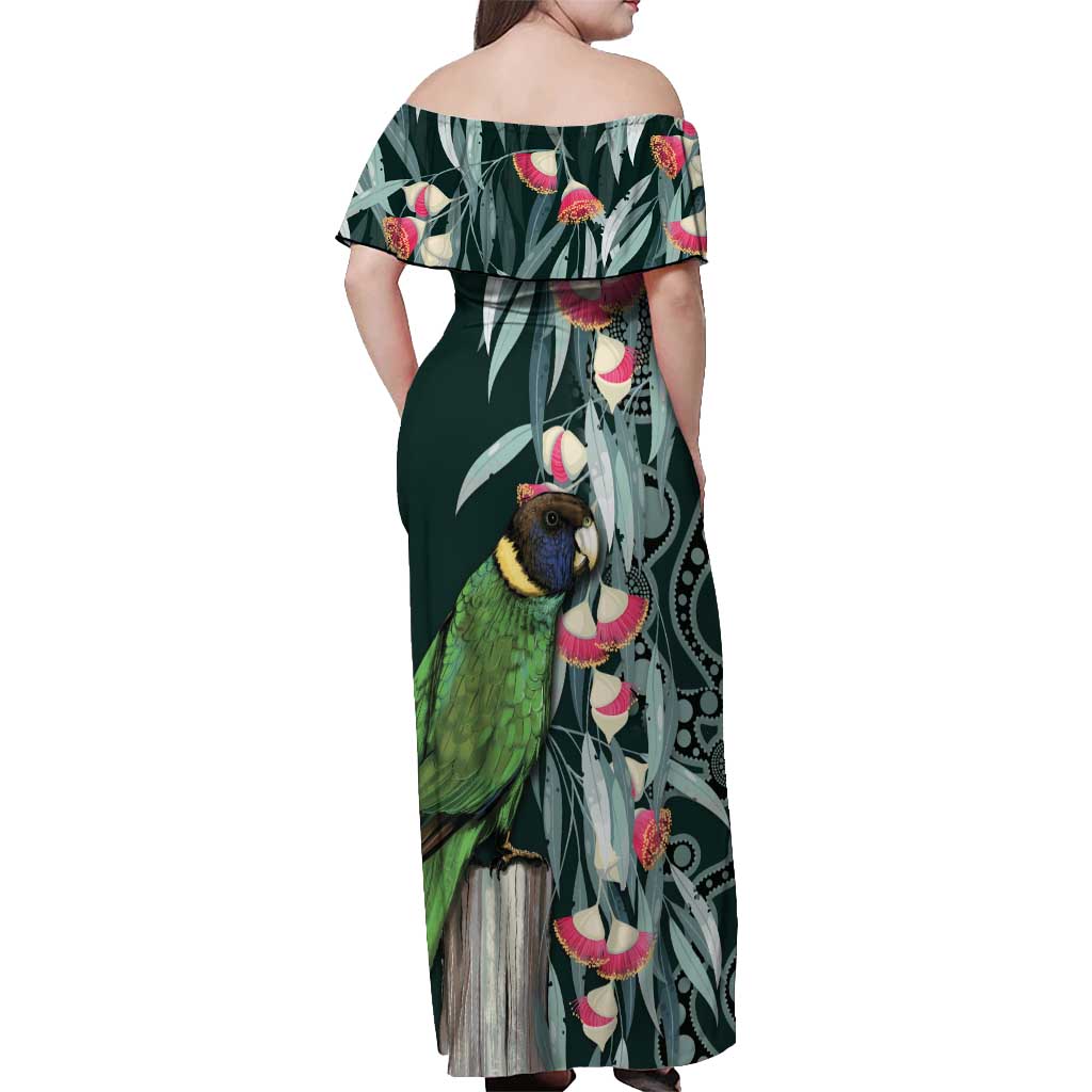 Australian Ringneck Parrot Off Shoulder Maxi Dress Barnardius Zonarius Eucalyptus Flowers Aboriginal Art
