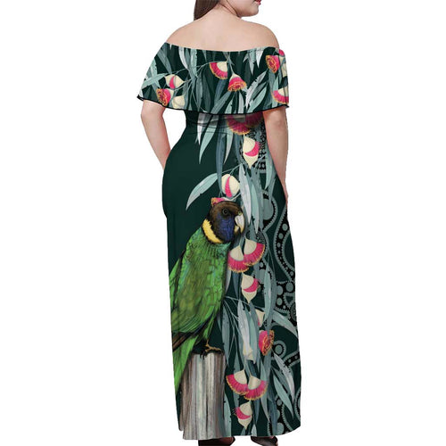 Australian Ringneck Parrot Off Shoulder Maxi Dress Barnardius Zonarius Eucalyptus Flowers Aboriginal Art