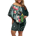 Australian Ringneck Parrot Off Shoulder Short Dress Barnardius Zonarius Eucalyptus Flowers Aboriginal Art