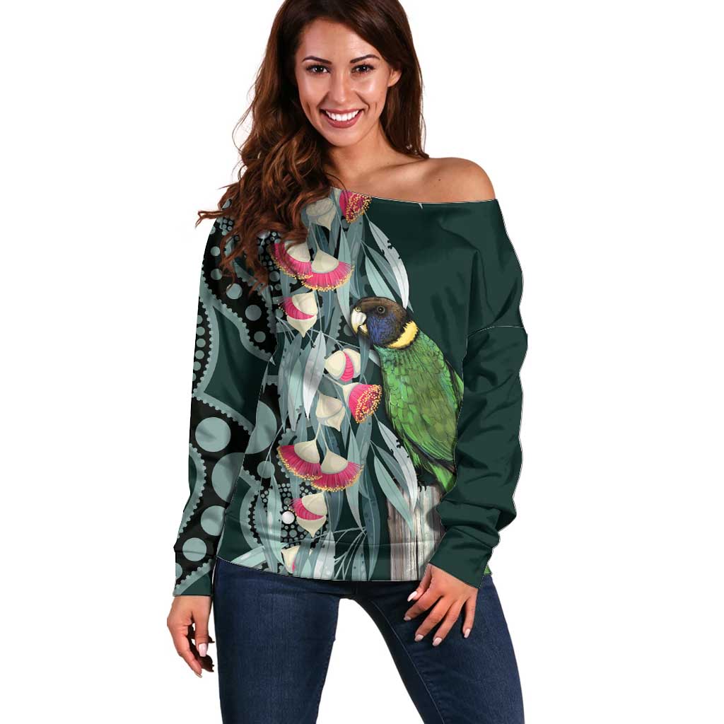 Australian Ringneck Parrot Off Shoulder Sweater Barnardius Zonarius Eucalyptus Flowers Aboriginal Art