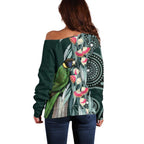 Australian Ringneck Parrot Off Shoulder Sweater Barnardius Zonarius Eucalyptus Flowers Aboriginal Art