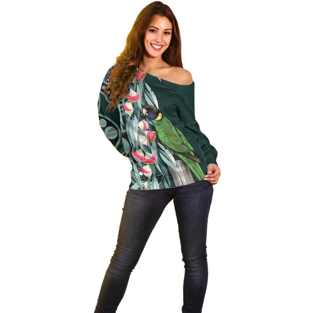 Australian Ringneck Parrot Off Shoulder Sweater Barnardius Zonarius Eucalyptus Flowers Aboriginal Art