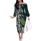 Australian Ringneck Parrot Off The Shoulder Long Sleeve Dress Barnardius Zonarius Eucalyptus Flowers Aboriginal Art