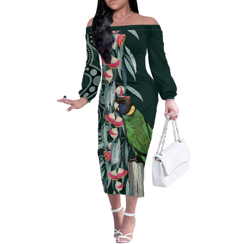 Australian Ringneck Parrot Off The Shoulder Long Sleeve Dress Barnardius Zonarius Eucalyptus Flowers Aboriginal Art
