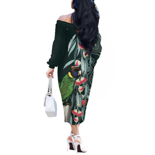 Australian Ringneck Parrot Off The Shoulder Long Sleeve Dress Barnardius Zonarius Eucalyptus Flowers Aboriginal Art