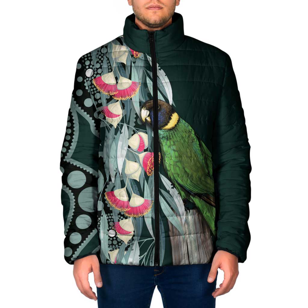 Australian Ringneck Parrot Padded Jacket Barnardius Zonarius Eucalyptus Flowers Aboriginal Art