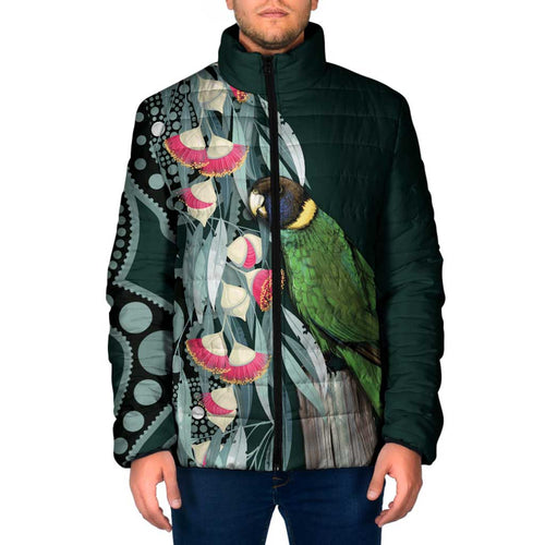 Australian Ringneck Parrot Padded Jacket Barnardius Zonarius Eucalyptus Flowers Aboriginal Art