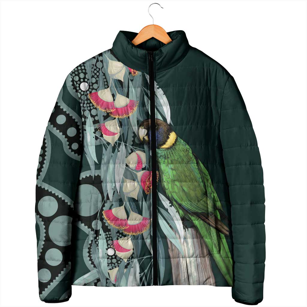 Australian Ringneck Parrot Padded Jacket Barnardius Zonarius Eucalyptus Flowers Aboriginal Art