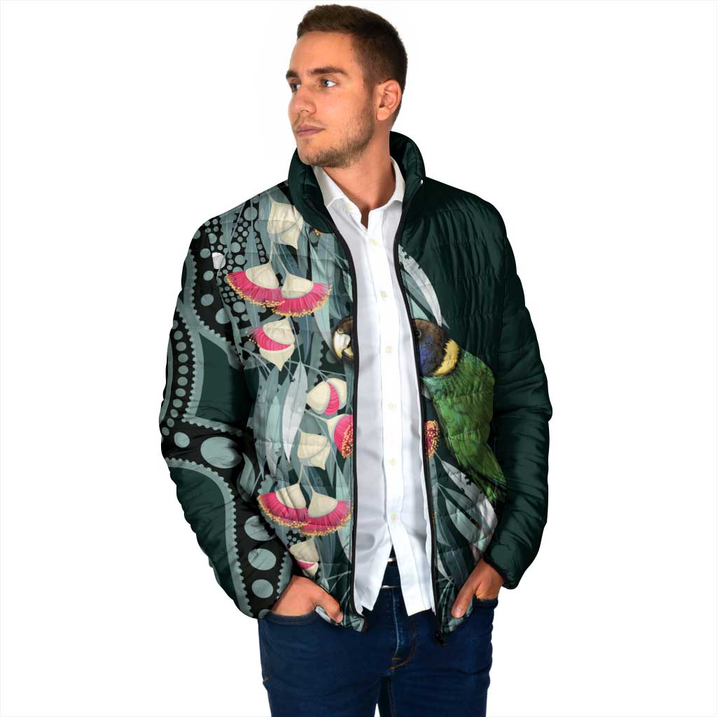 Australian Ringneck Parrot Padded Jacket Barnardius Zonarius Eucalyptus Flowers Aboriginal Art