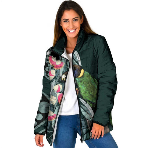 Australian Ringneck Parrot Padded Jacket Barnardius Zonarius Eucalyptus Flowers Aboriginal Art