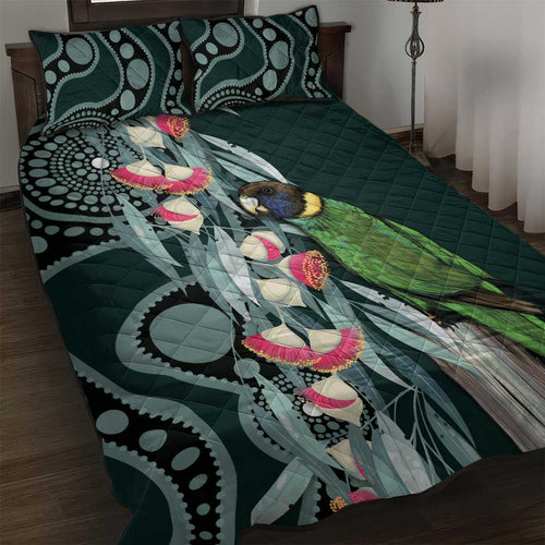 Australian Ringneck Parrot Quilt Bed Set Barnardius Zonarius Eucalyptus Flowers Aboriginal Art