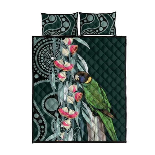 Australian Ringneck Parrot Quilt Bed Set Barnardius Zonarius Eucalyptus Flowers Aboriginal Art