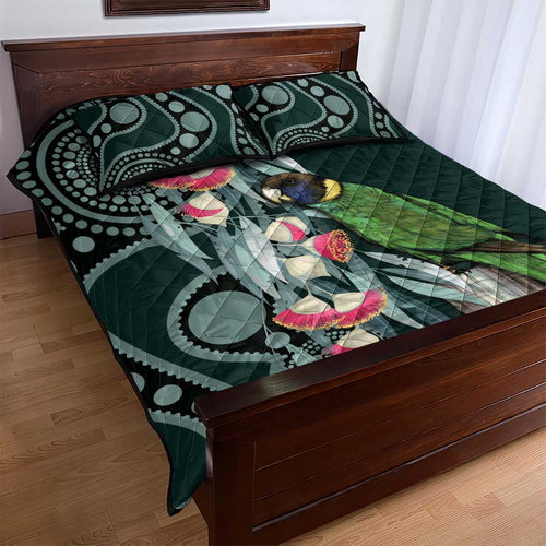 Australian Ringneck Parrot Quilt Bed Set Barnardius Zonarius Eucalyptus Flowers Aboriginal Art