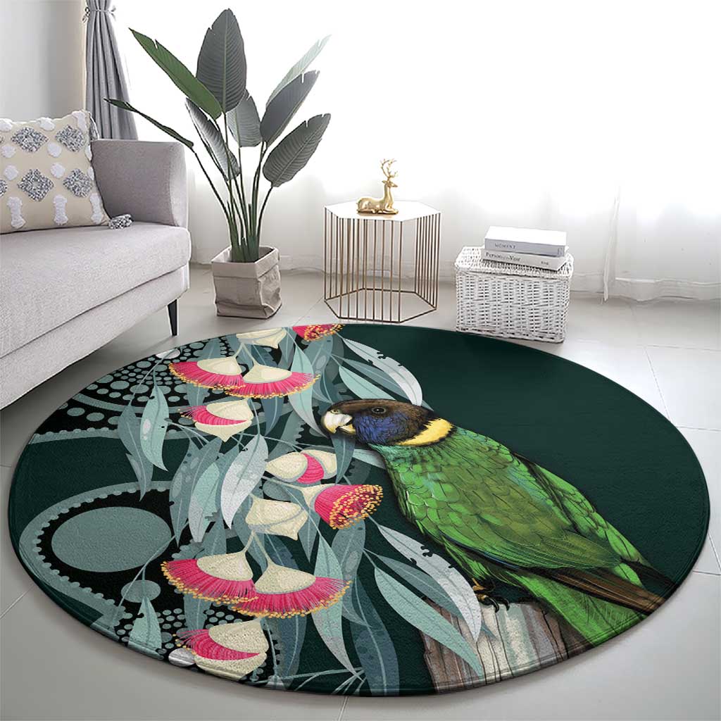 Australian Ringneck Parrot Round Carpet Barnardius Zonarius Eucalyptus Flowers Aboriginal Art