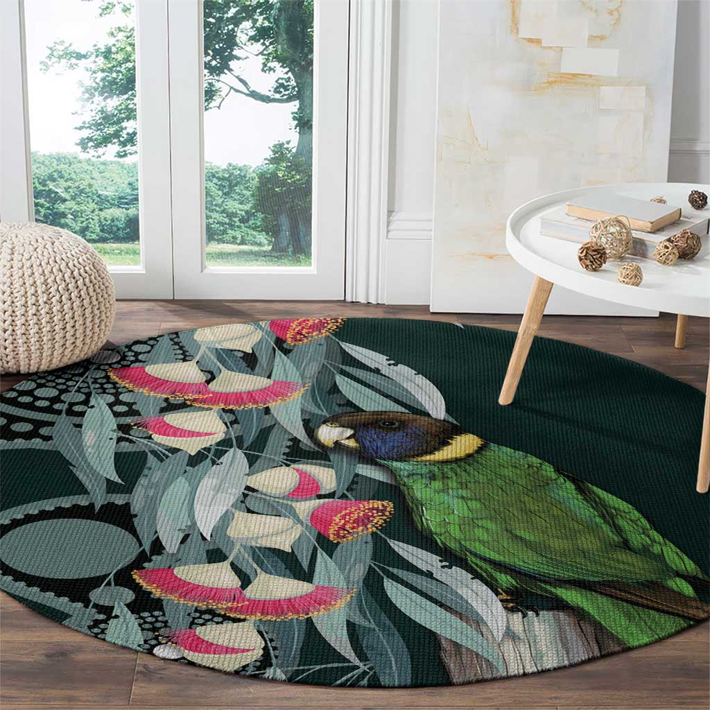 Australian Ringneck Parrot Round Carpet Barnardius Zonarius Eucalyptus Flowers Aboriginal Art