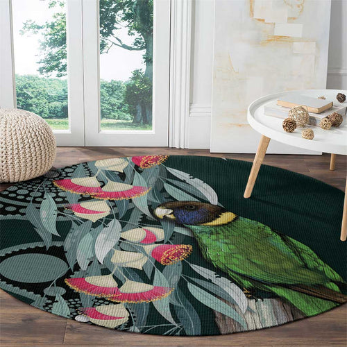 Australian Ringneck Parrot Round Carpet Barnardius Zonarius Eucalyptus Flowers Aboriginal Art