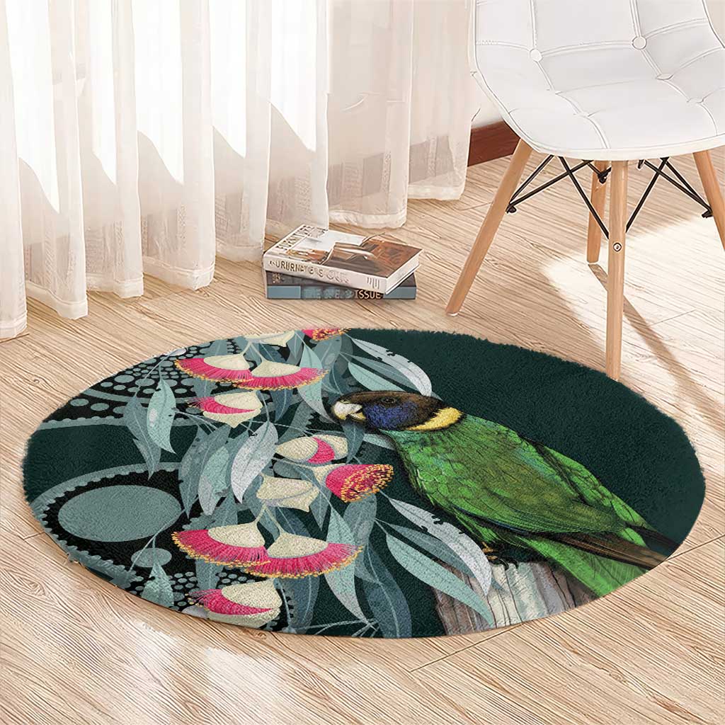 Australian Ringneck Parrot Round Carpet Barnardius Zonarius Eucalyptus Flowers Aboriginal Art
