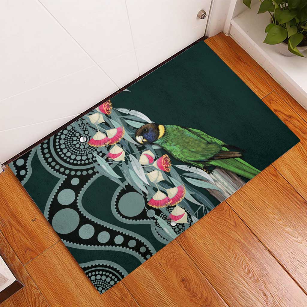 Australian Ringneck Parrot Rubber Doormat Barnardius Zonarius Eucalyptus Flowers Aboriginal Art