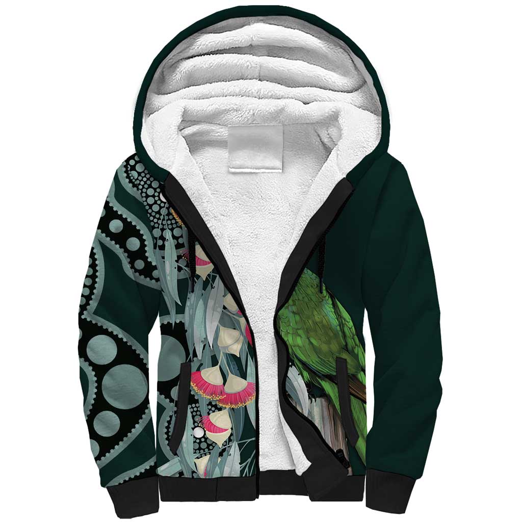 Australian Ringneck Parrot Sherpa Hoodie Barnardius Zonarius Eucalyptus Flowers Aboriginal Art