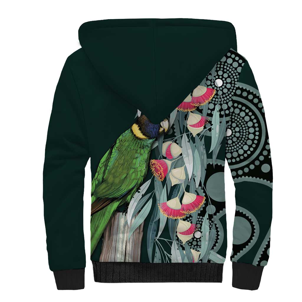 Australian Ringneck Parrot Sherpa Hoodie Barnardius Zonarius Eucalyptus Flowers Aboriginal Art