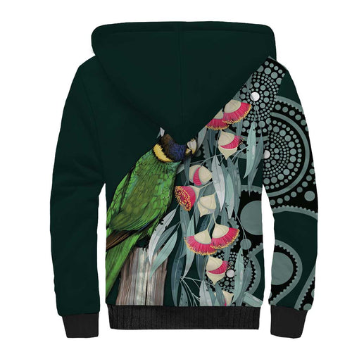 Australian Ringneck Parrot Sherpa Hoodie Barnardius Zonarius Eucalyptus Flowers Aboriginal Art