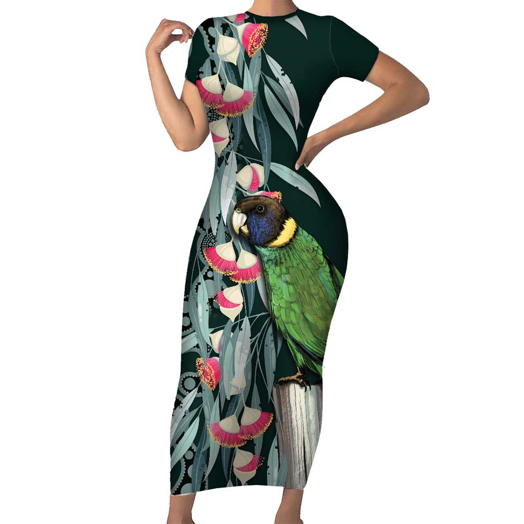 Australian Ringneck Parrot Short Sleeve Bodycon Dress Barnardius Zonarius Eucalyptus Flowers Aboriginal Art