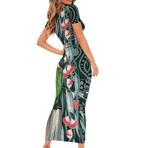 Australian Ringneck Parrot Short Sleeve Bodycon Dress Barnardius Zonarius Eucalyptus Flowers Aboriginal Art