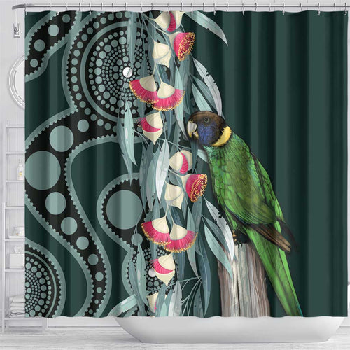Australian Ringneck Parrot Shower Curtain Barnardius Zonarius Eucalyptus Flowers Aboriginal Art