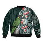 Australian Ringneck Parrot Sleeve Zip Bomber Jacket Barnardius Zonarius Eucalyptus Flowers Aboriginal Art