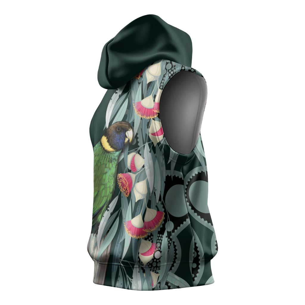 Australian Ringneck Parrot Sleeveless Hoodie Barnardius Zonarius Eucalyptus Flowers Aboriginal Art