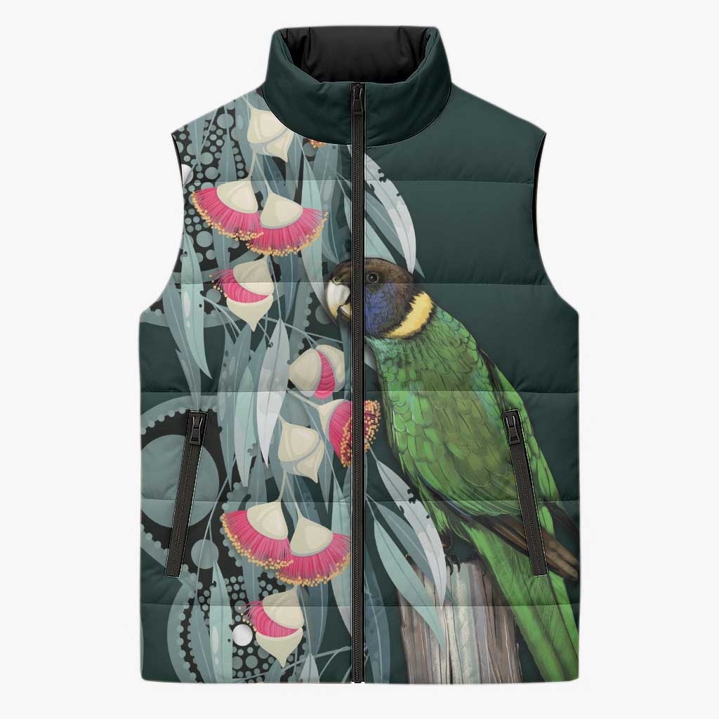 Australian Ringneck Parrot Sleeveless Puffer Jacket Barnardius Zonarius Eucalyptus Flowers Aboriginal Art