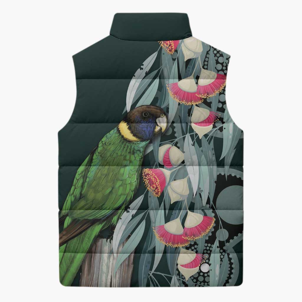 Australian Ringneck Parrot Sleeveless Puffer Jacket Barnardius Zonarius Eucalyptus Flowers Aboriginal Art