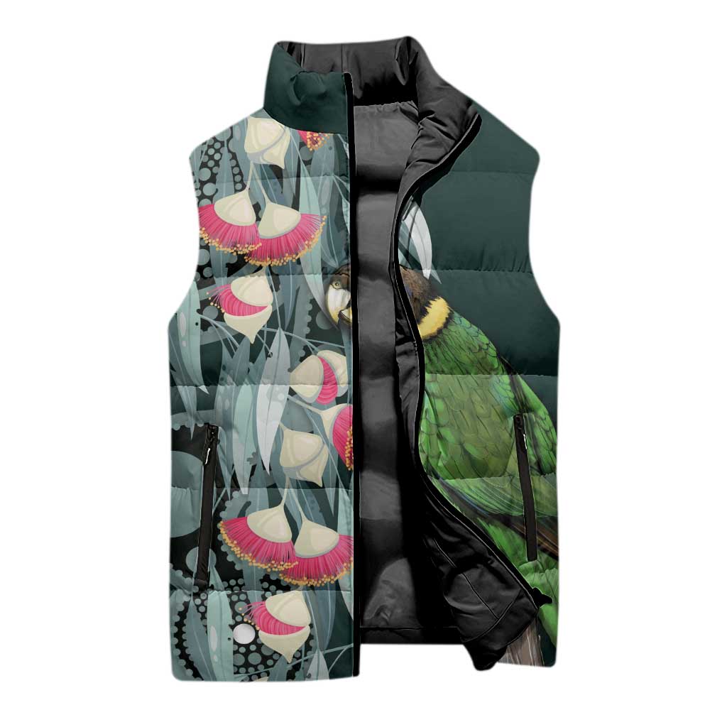 Australian Ringneck Parrot Sleeveless Puffer Jacket Barnardius Zonarius Eucalyptus Flowers Aboriginal Art