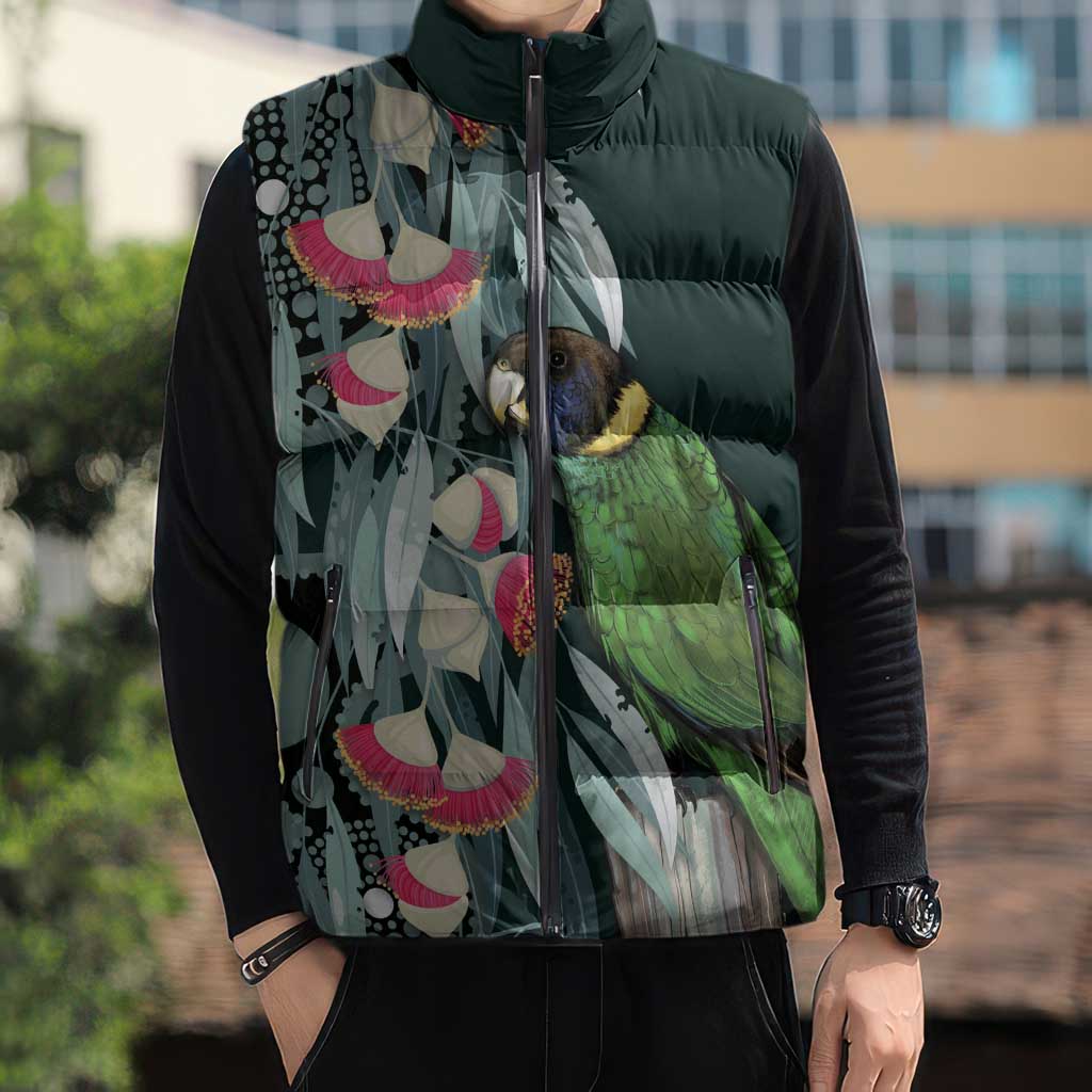 Australian Ringneck Parrot Sleeveless Puffer Jacket Barnardius Zonarius Eucalyptus Flowers Aboriginal Art