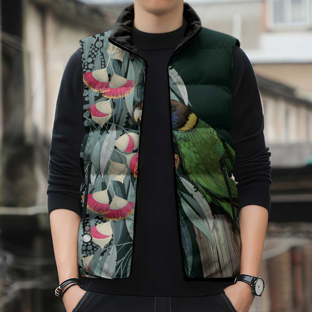 Australian Ringneck Parrot Sleeveless Puffer Jacket Barnardius Zonarius Eucalyptus Flowers Aboriginal Art