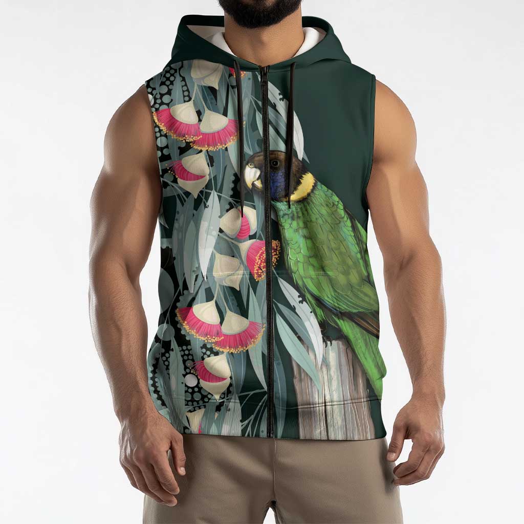 Australian Ringneck Parrot Sleeveless Zip Hoodie Barnardius Zonarius Eucalyptus Flowers Aboriginal Art