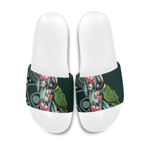 Australian Ringneck Parrot Slide Sandals Barnardius Zonarius Eucalyptus Flowers Aboriginal Art